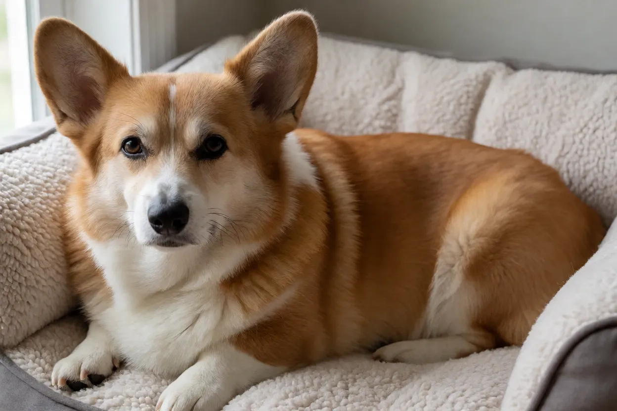 Corgi idoso descansando em posi&ccedil;&atilde;o confort&aacute;vel