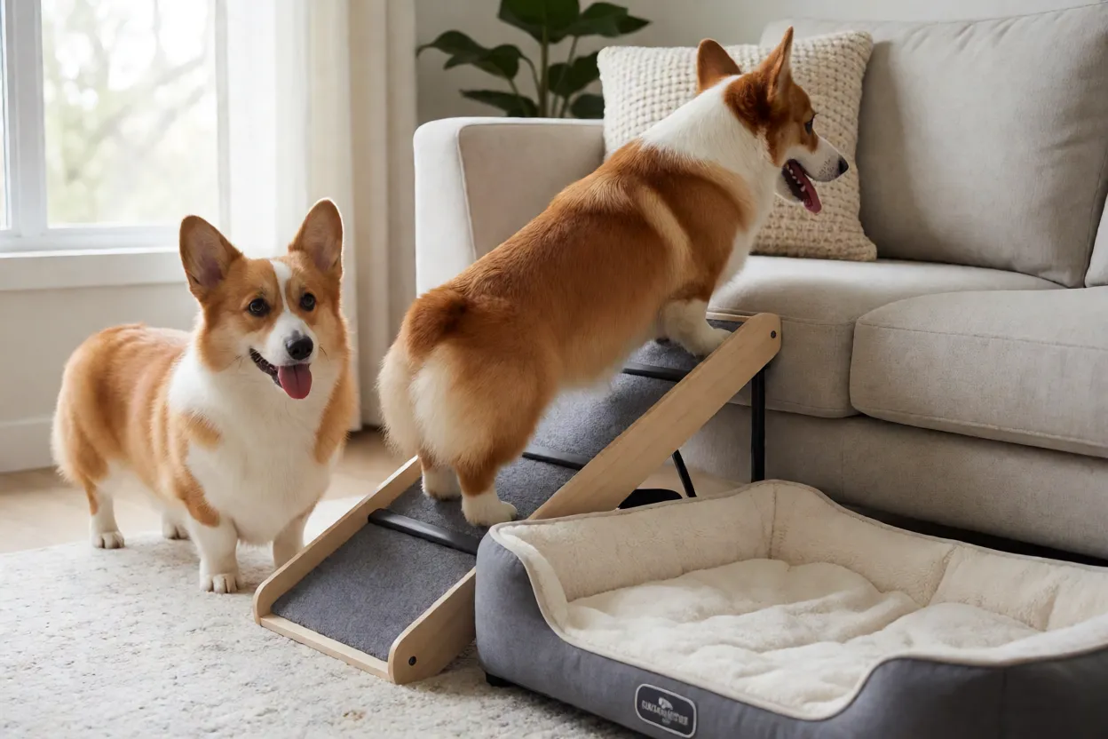Ambiente dom&eacute;stico preparado com rampa e cama para Corgi