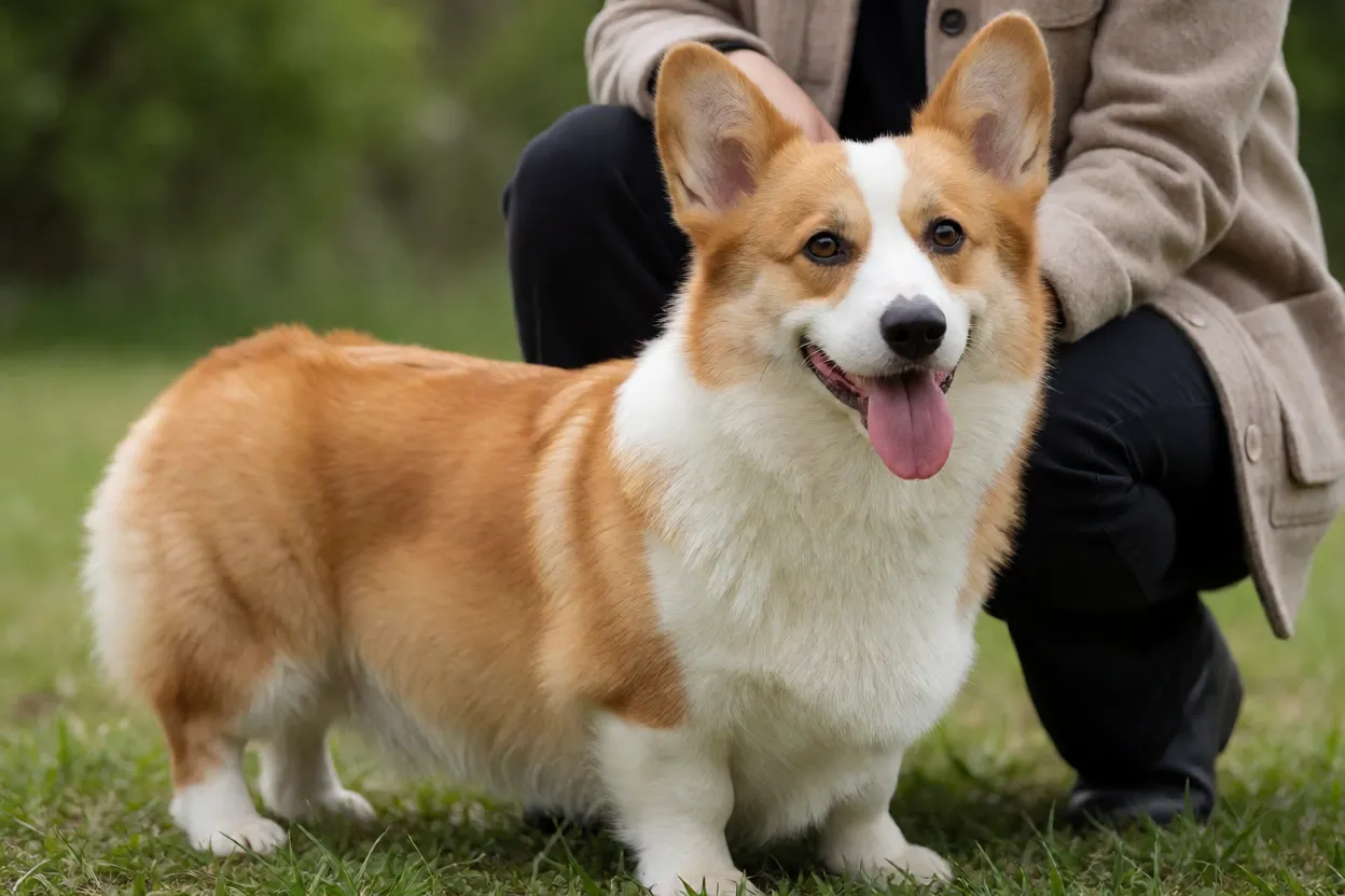 Corgi adulto feliz ao lado de seu tutor em ambiente externo