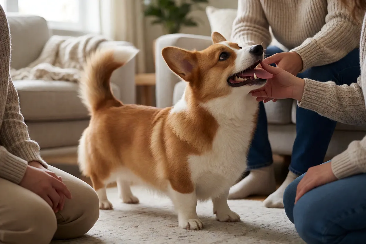 Corgi brincando e interagindo com fam&iacute;lia em ambiente dom&eacute;stico