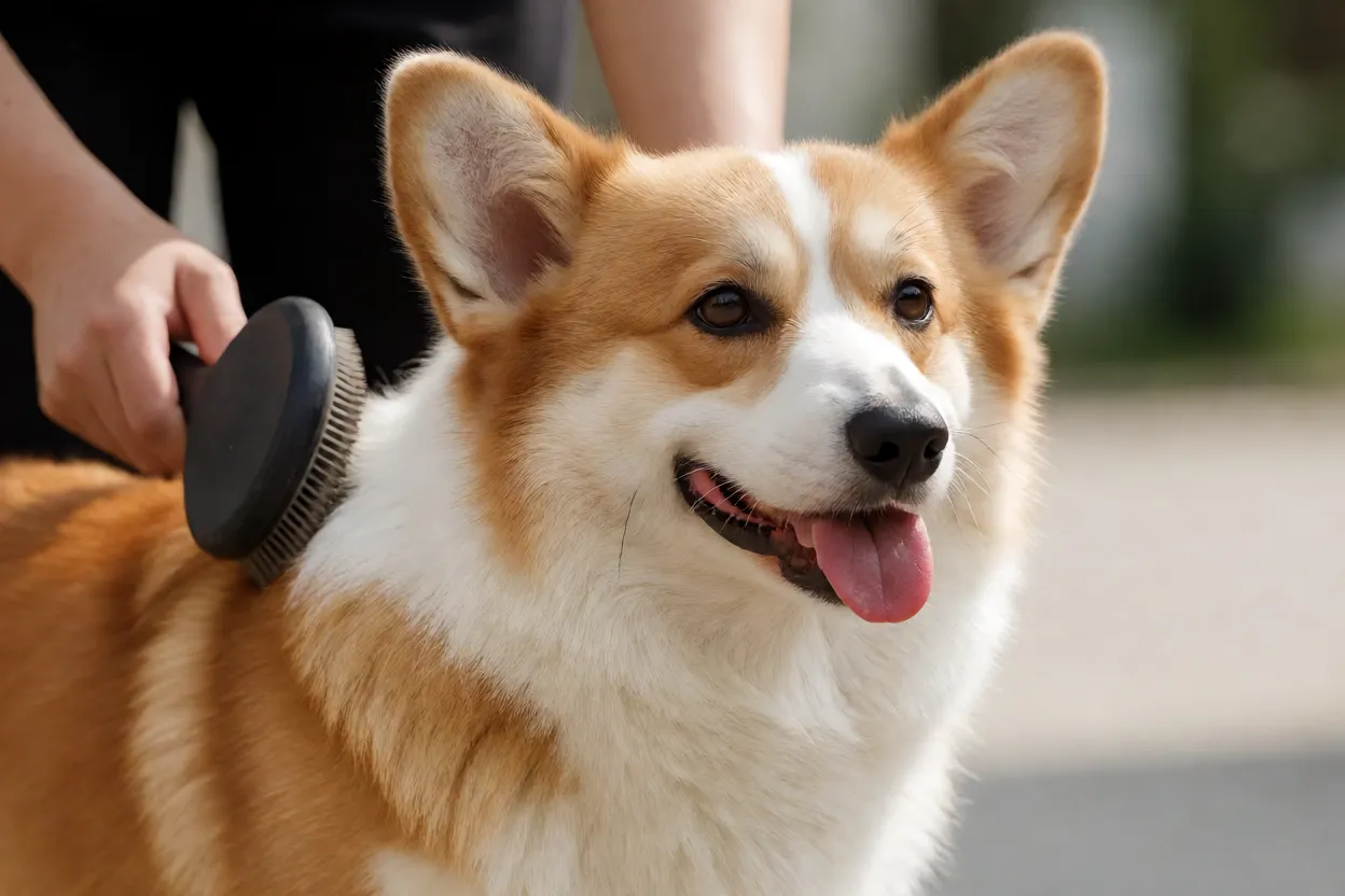 Corgi sendo escovado mostrando a pelagem dupla