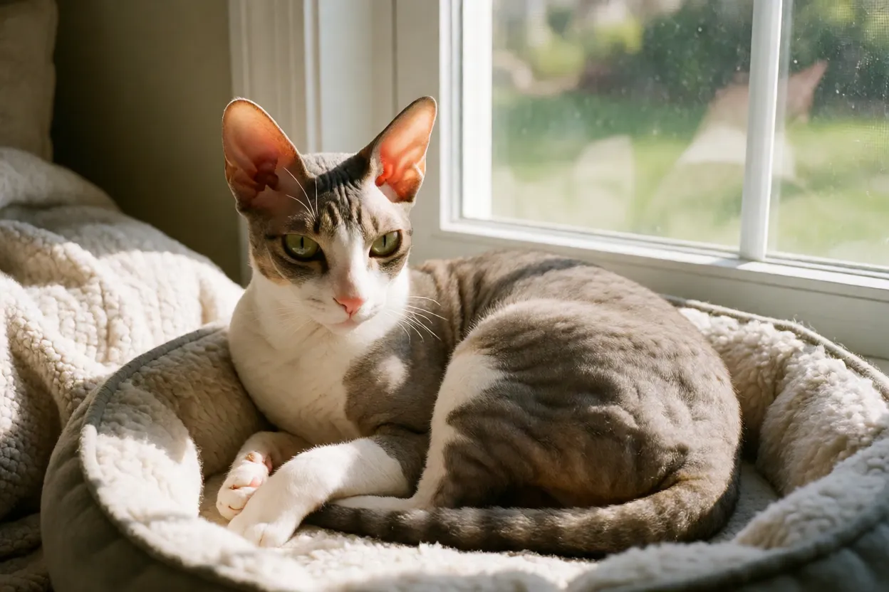 Cornish Rex descansando em caminha forrada perto da janela