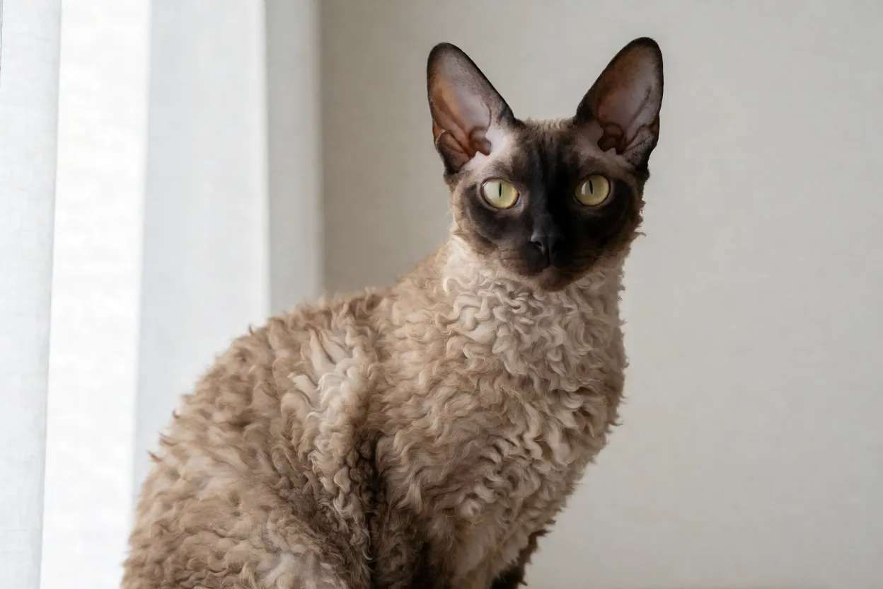 Cornish Rex com express&atilde;o alerta olhando para a c&acirc;mera