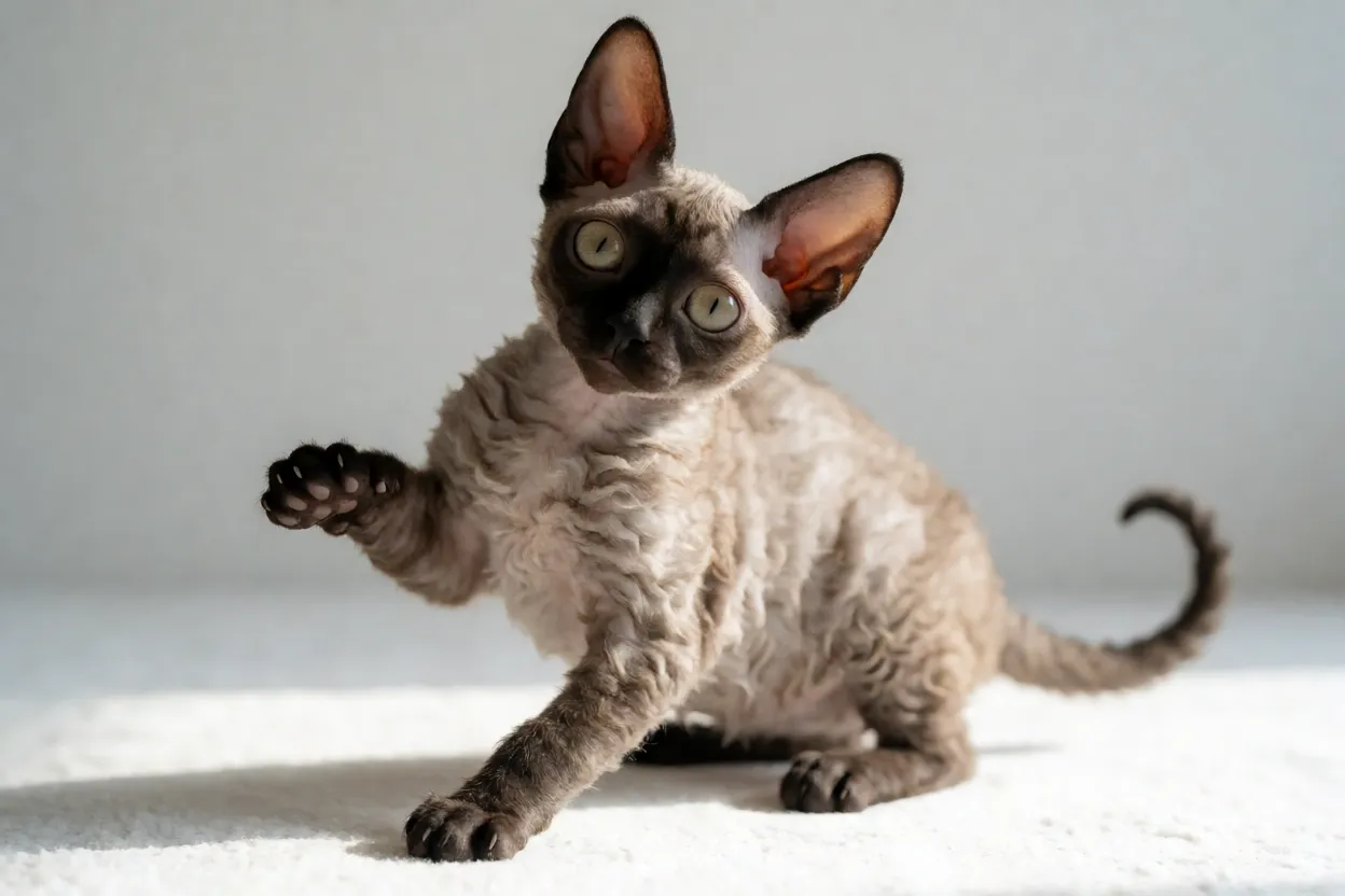 Filhote Cornish Rex de olhos grandes e pelo j&aacute; ondulado