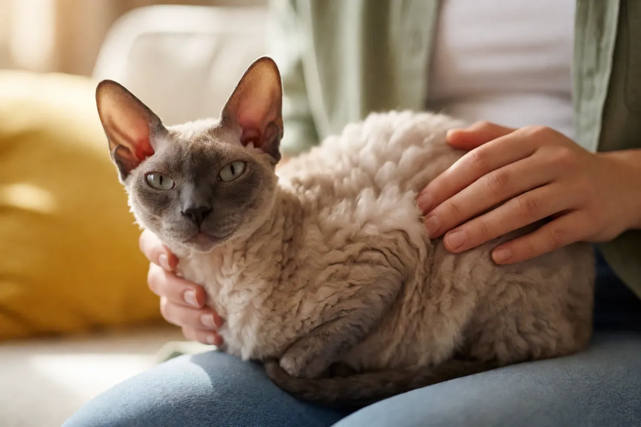 Cornish Rex adulto descansando no colo do tutor