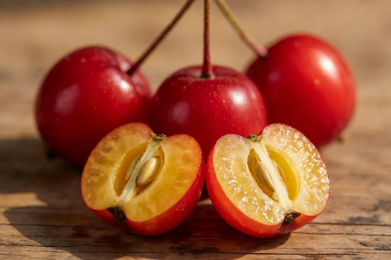 Frutos frescos de corniso-cereja inteiros e cortado ao meio mostrando polpa e caroço