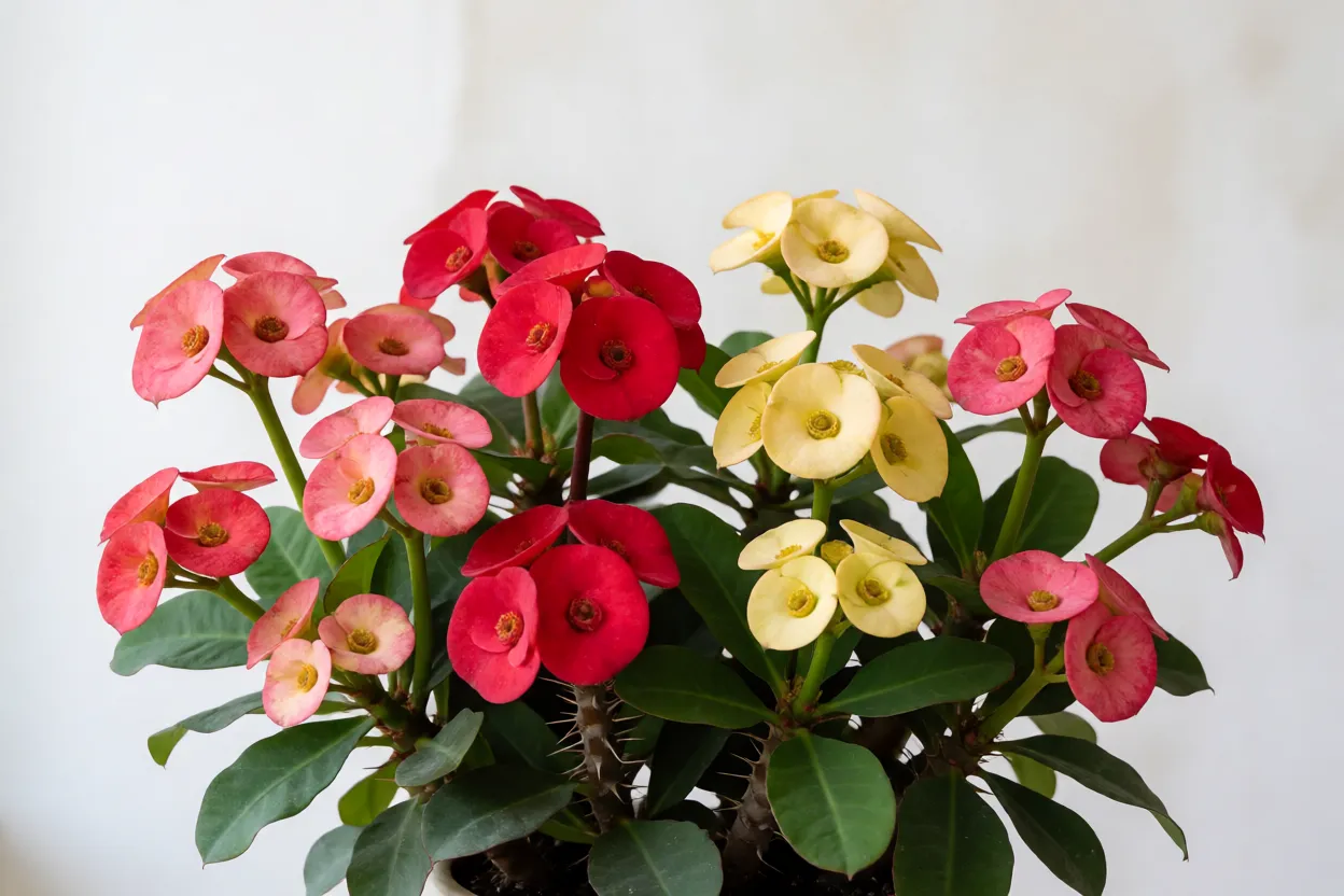 Coroas-de-cristo com br&aacute;cteas em vermelho, rosa, amarelo e creme lado a lado