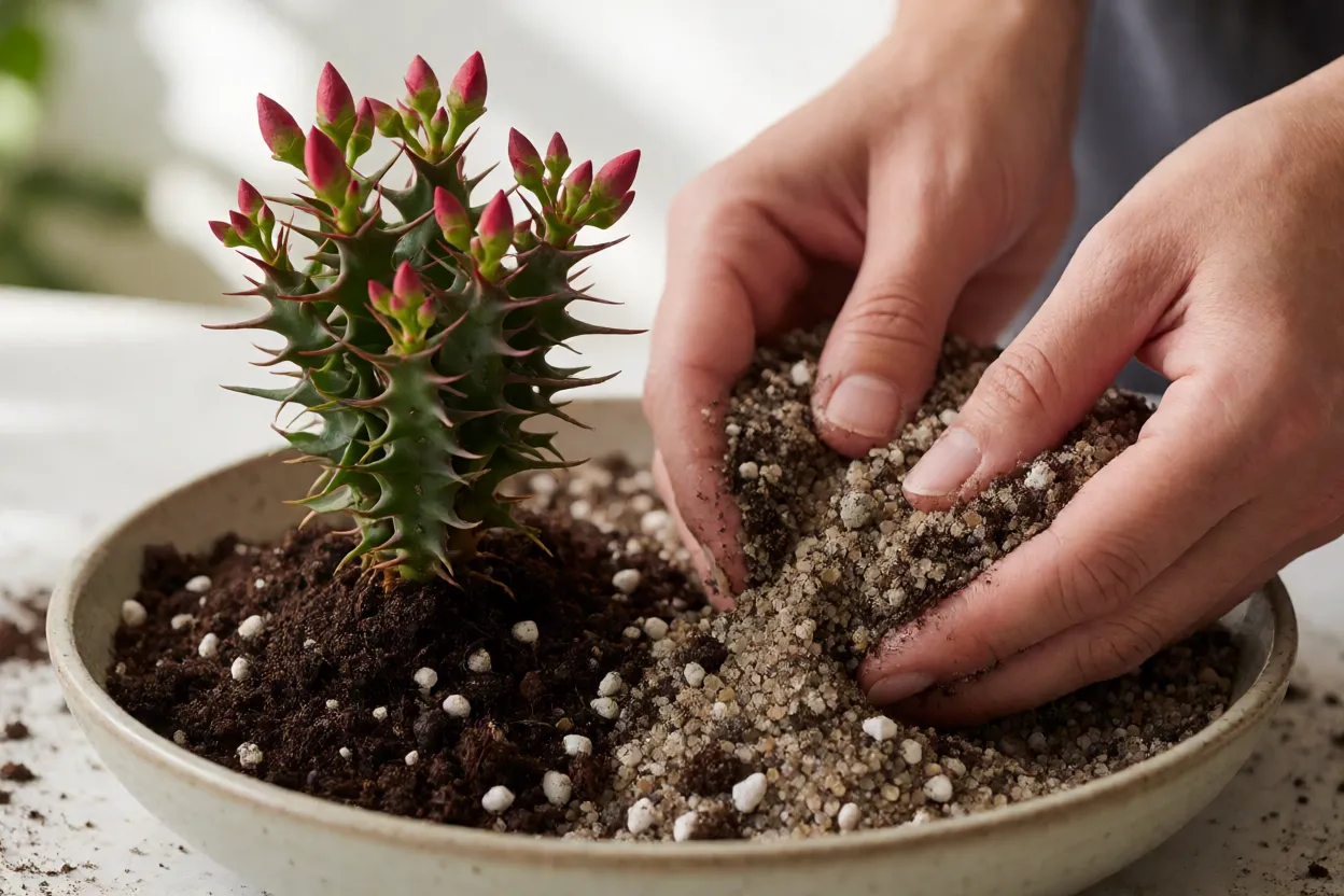 Mistura de substrato com areia grossa e perlita para plantar coroa-de-cristo