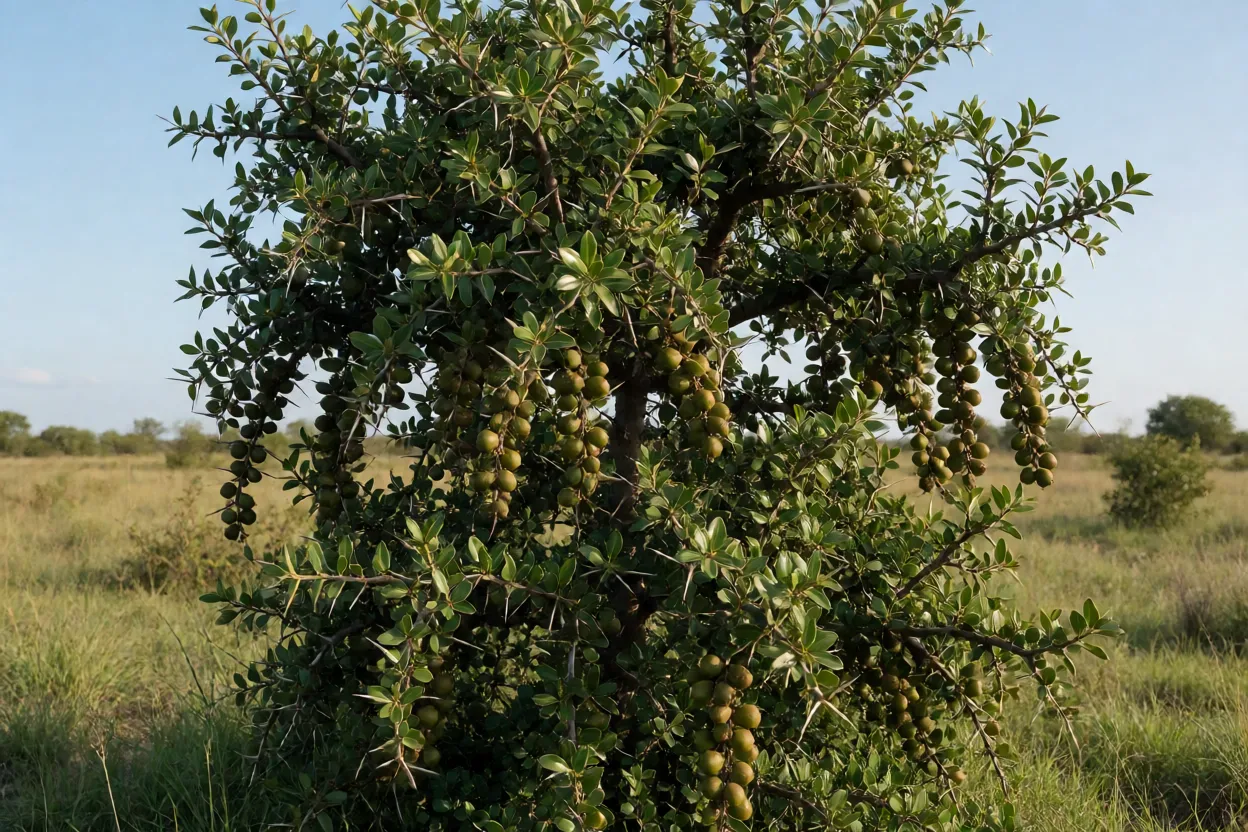 Árvore de coronilha com copa densa, espinhos e frutos pretos
