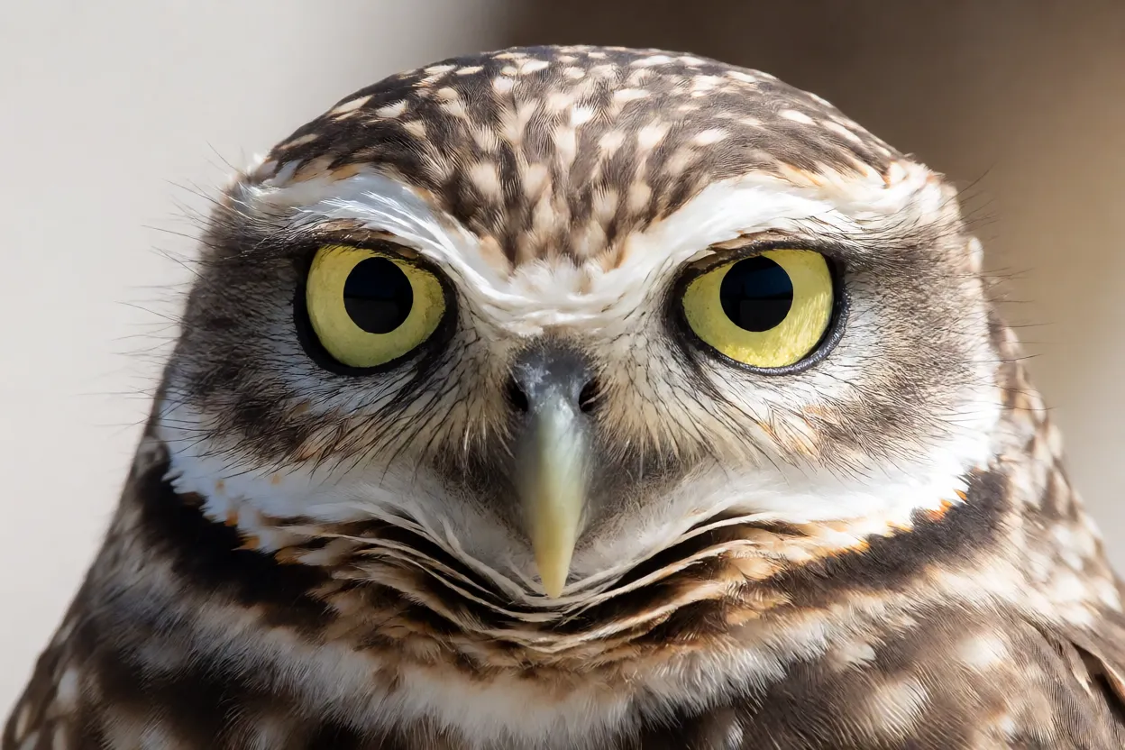 Retrato da cabeça da coruja-buraqueira com olhos amarelos