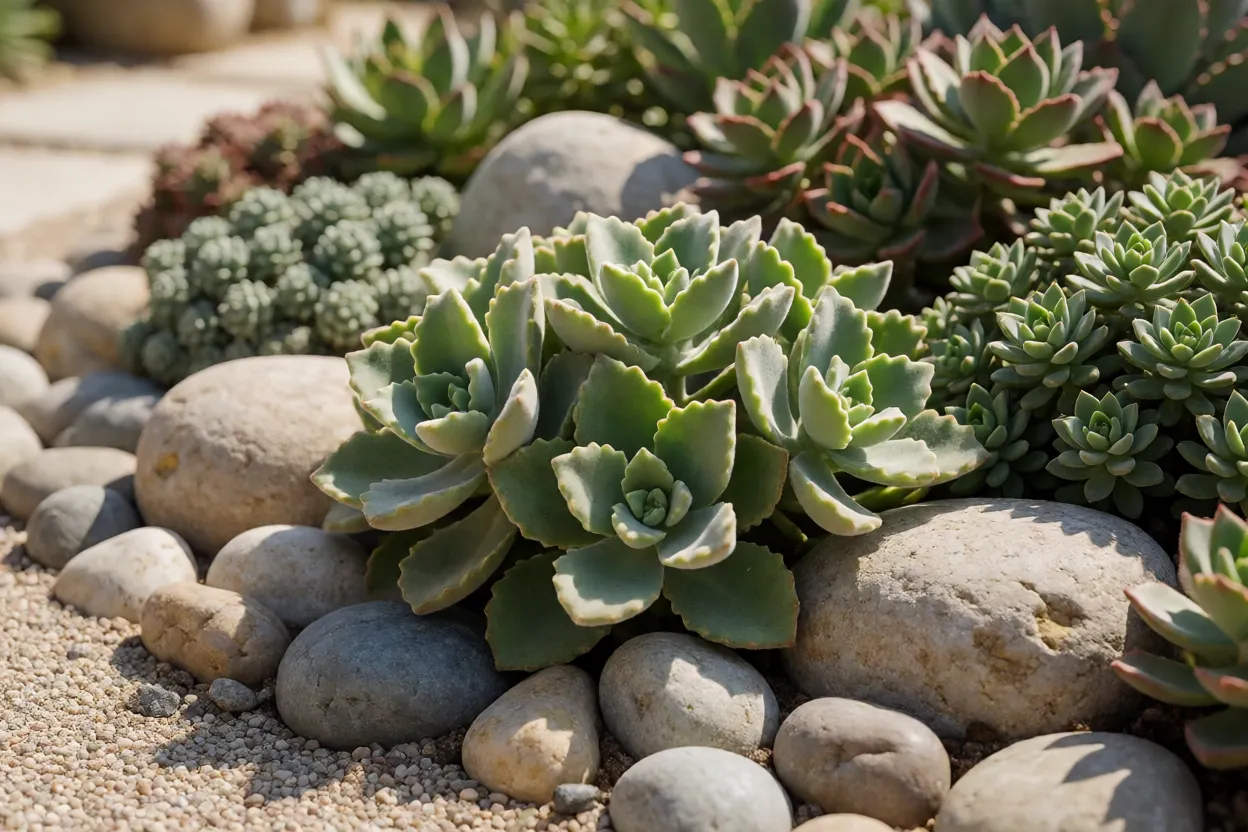 Coruja-índia em arranjo de jardim de suculentas com pedras