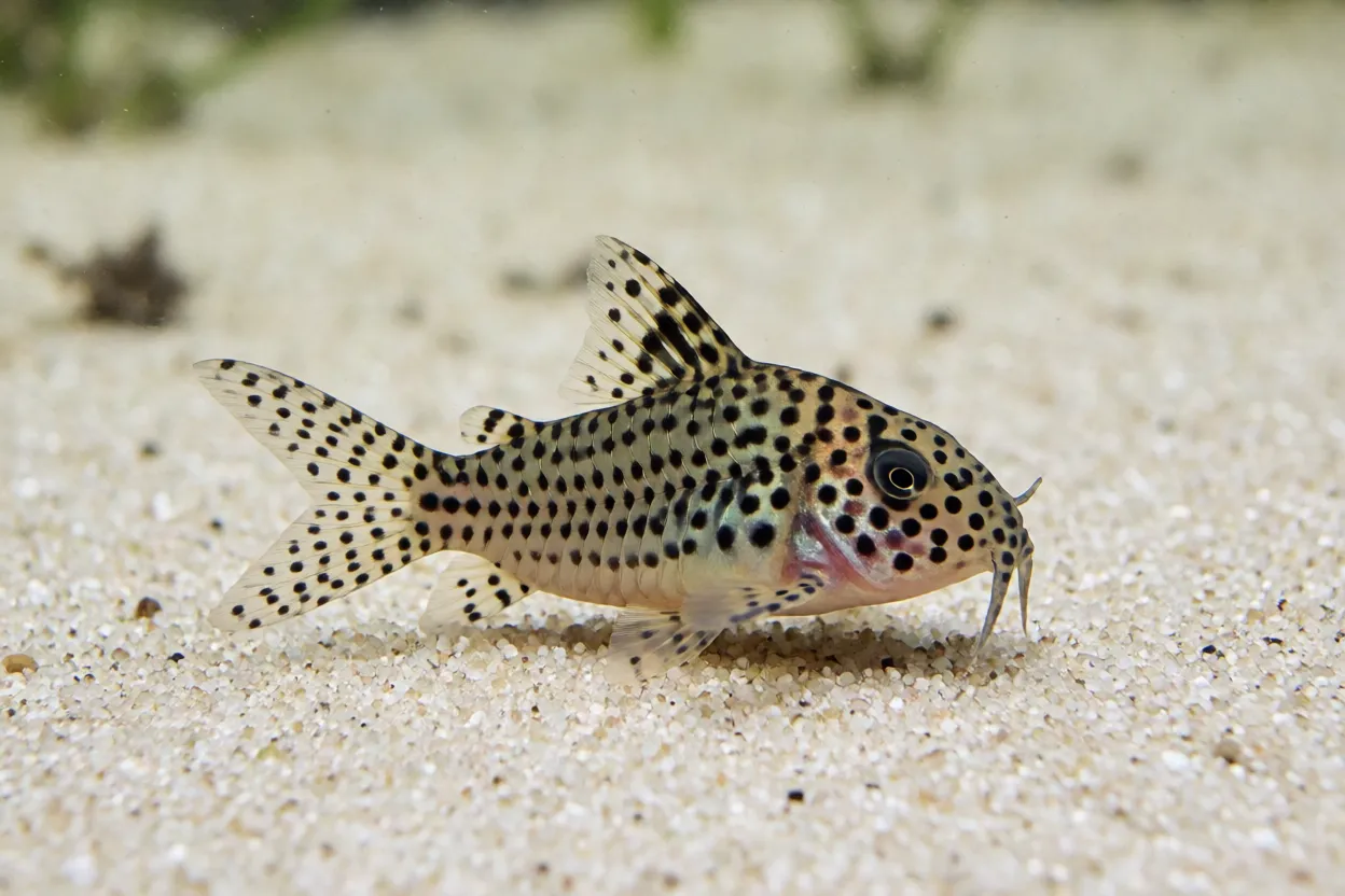 Corydora-julii vista de lado mostrando pintas pretas isoladas sobre corpo claro