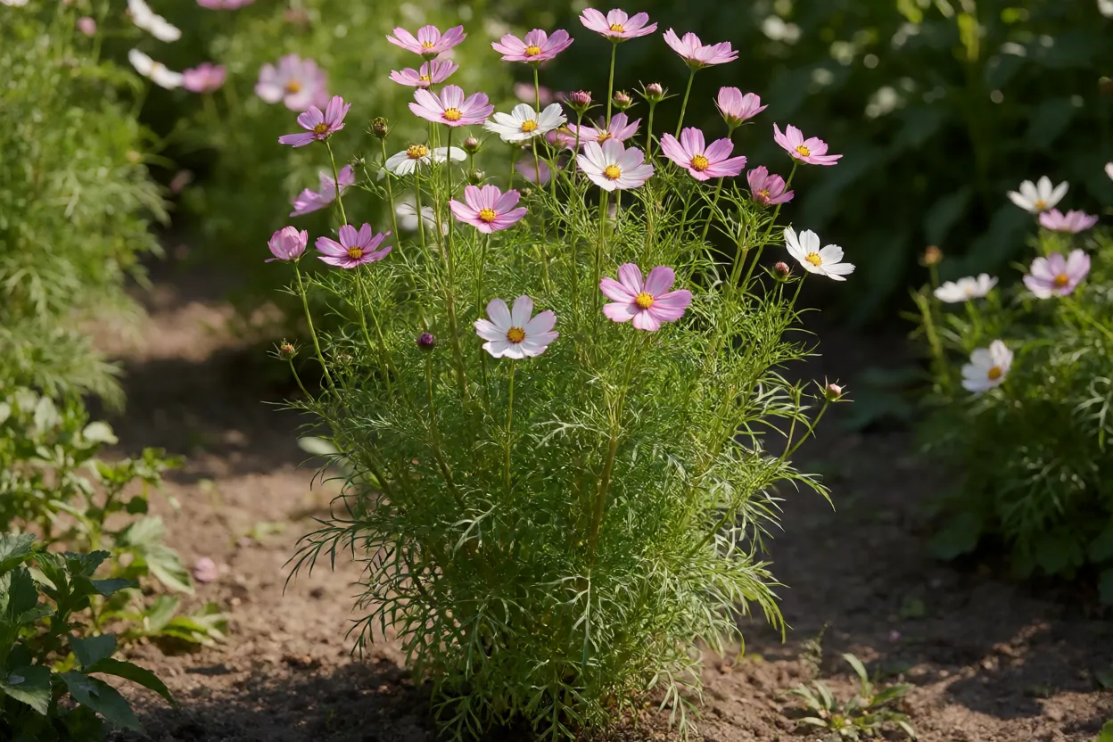 Cosmos bipinnatus adulto em canteiro florido com flores rosas e brancas ao sol
