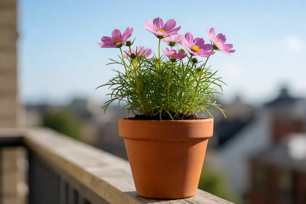 Cosmos cultivado em vaso de barro em varanda ensolarada