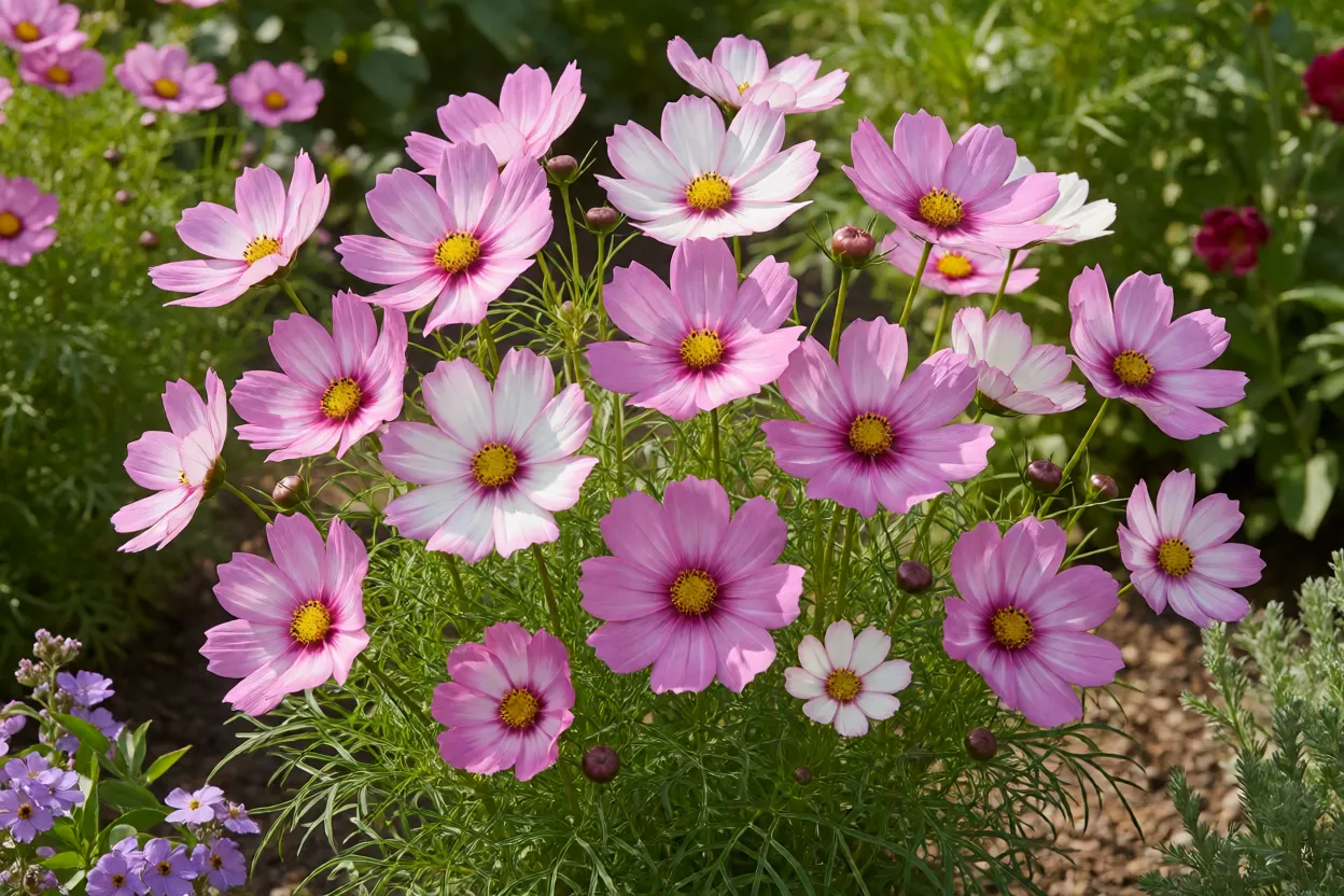 Flores de cosmos rosa e branca em jardim ensolarado
