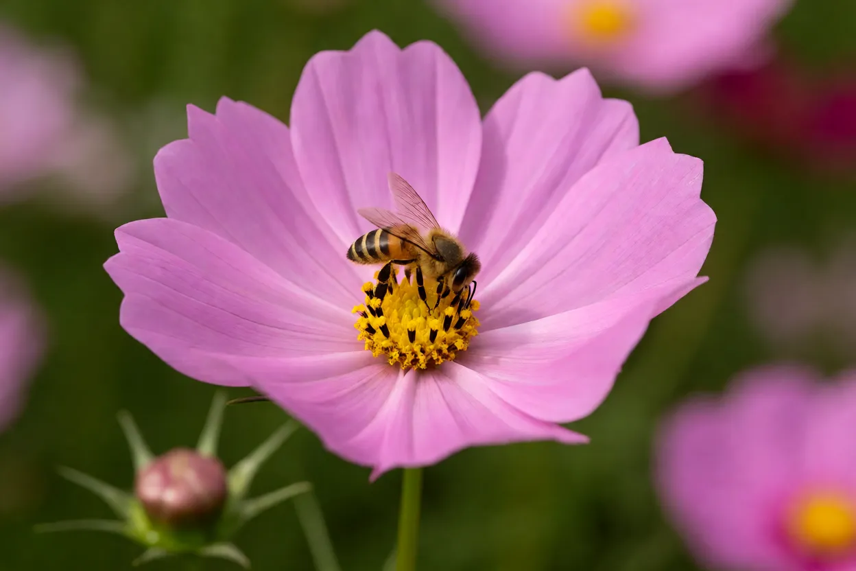 Abelha visitando flor de cosmos no jardim
