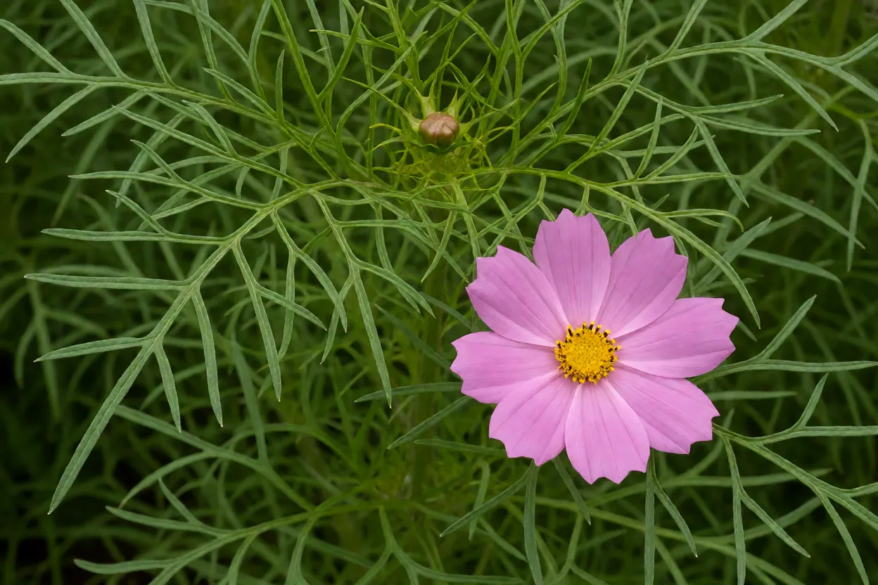 Detalhe das folhas rendadas e flor de cosmos bipinnatus