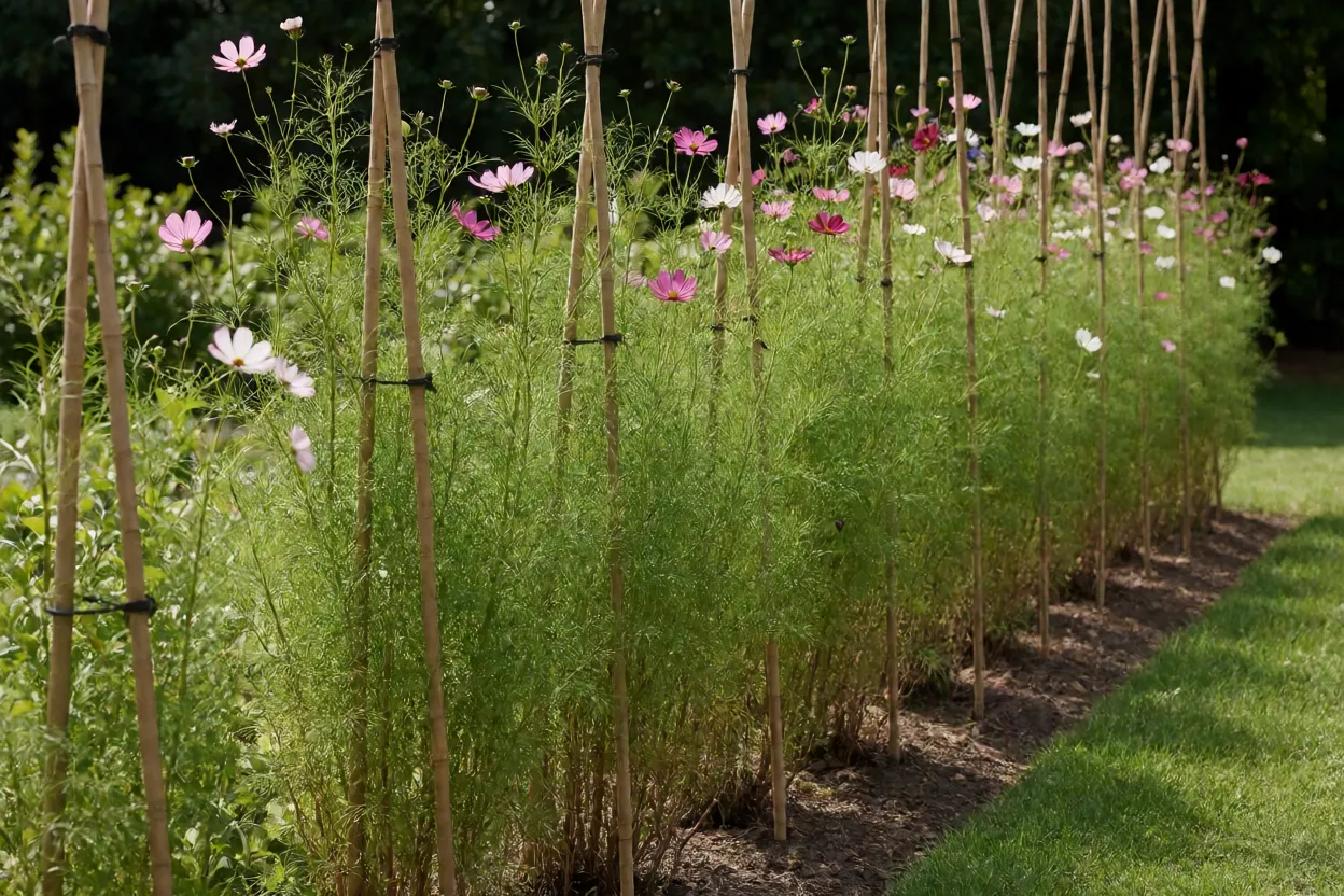 Plantas altas de cosmos com tutores no jardim