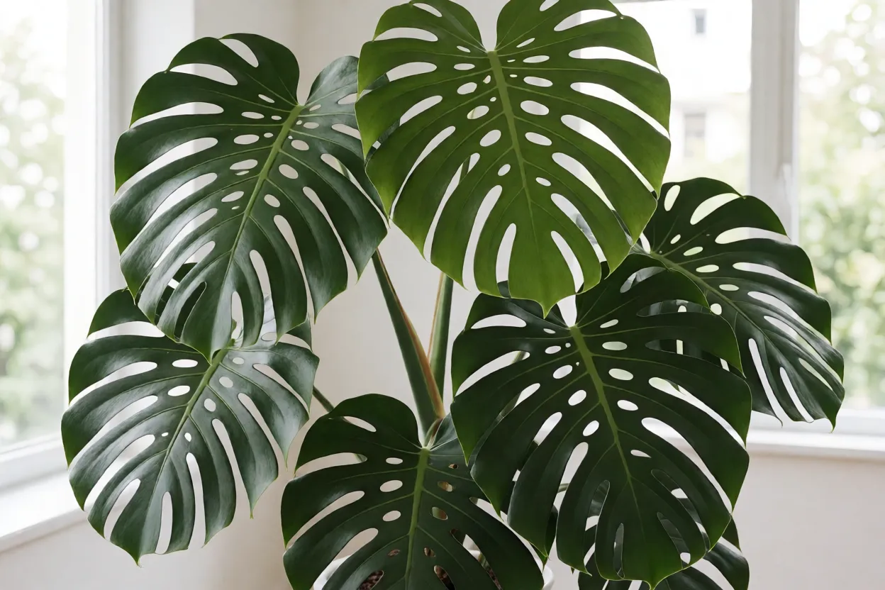 Costela-de-ad&atilde;o Monstera deliciosa com folhas grandes e fenestradas em ambiente interno