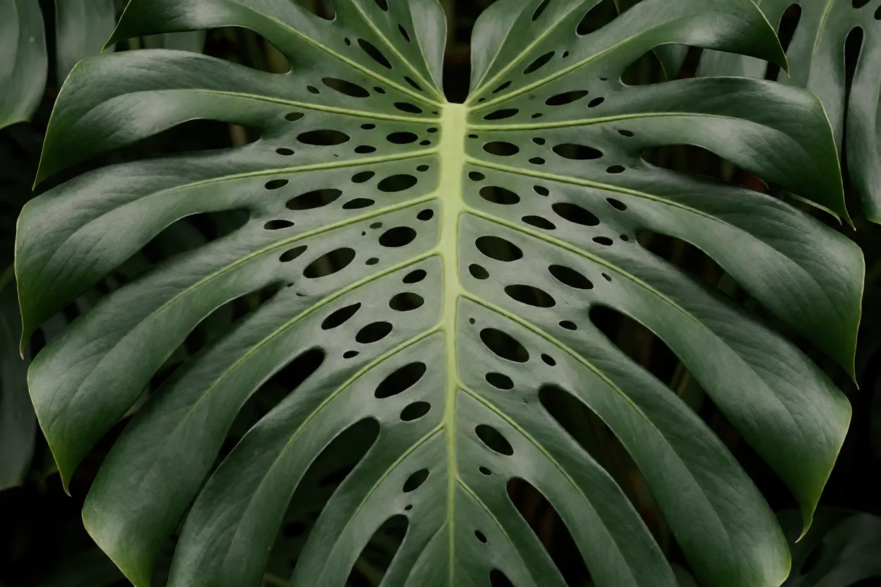 Detalhe pr&oacute;ximo de folha madura de Monstera deliciosa mostrando fenestra&ccedil;&otilde;es e textura