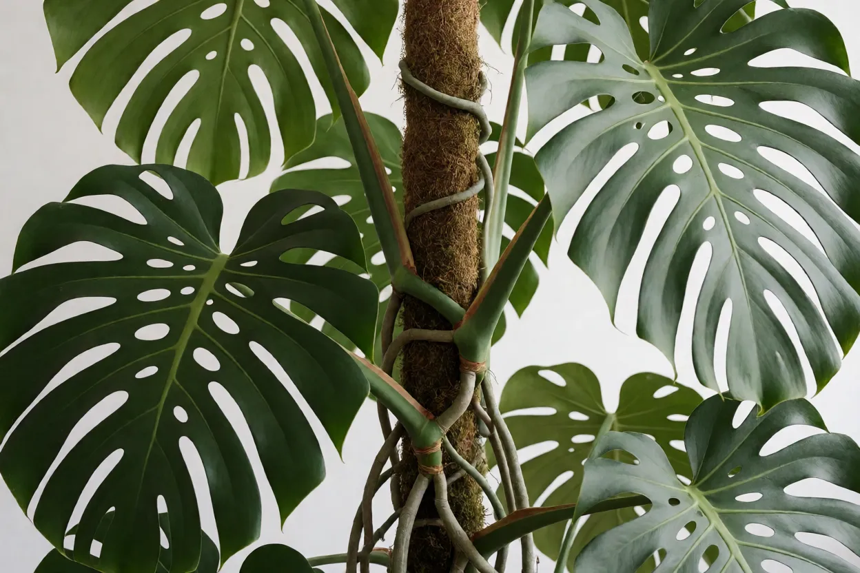 Monstera deliciosa trepando em tutor de musgo com ra&iacute;zes a&eacute;reas fixadas
