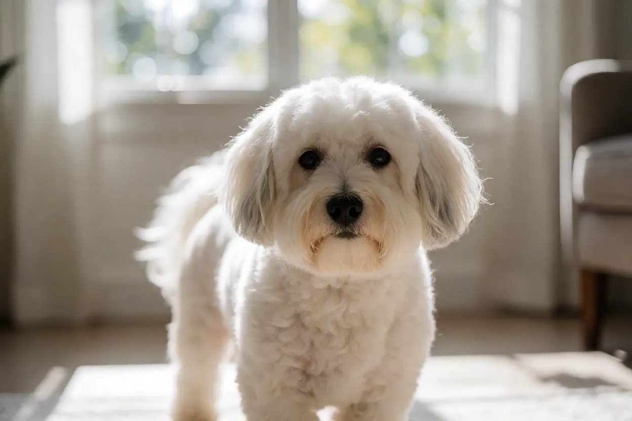 Coton de Tulear: pelagem, personalidade e como cuidar da raça Coton de Tulear adulto branco de perfil em luz natural
