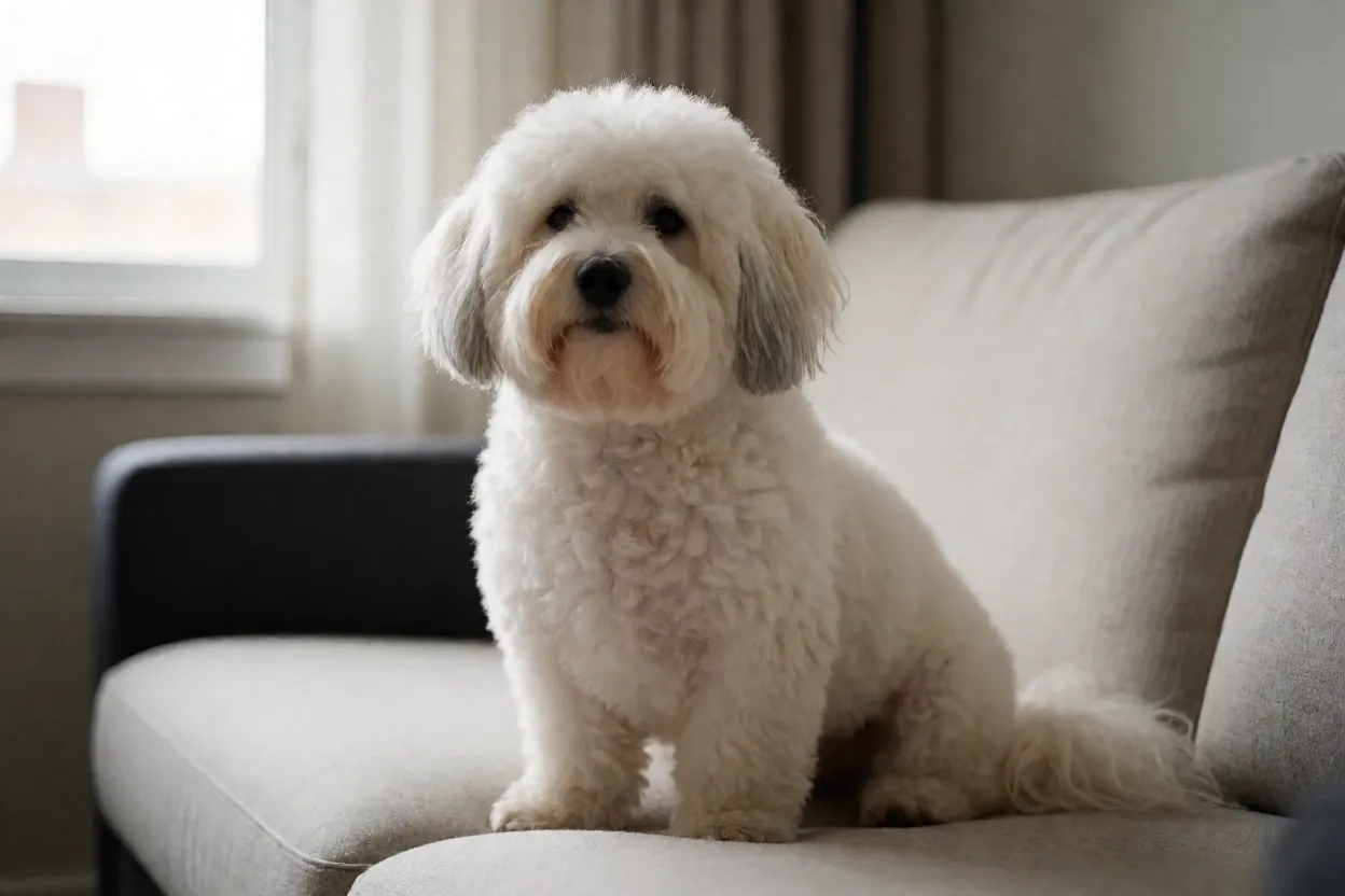 Coton de Tulear: pelagem, personalidade e como cuidar da raça Coton de Tulear em sofá de apartamento moderno