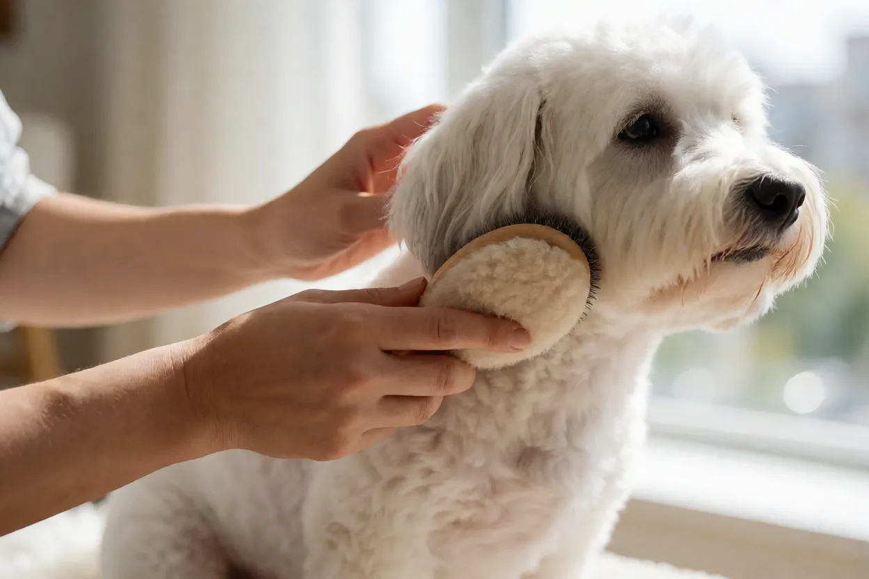 Coton de Tulear: pelagem, personalidade e como cuidar da raça Pessoa escovando um Coton de Tulear com escova pin