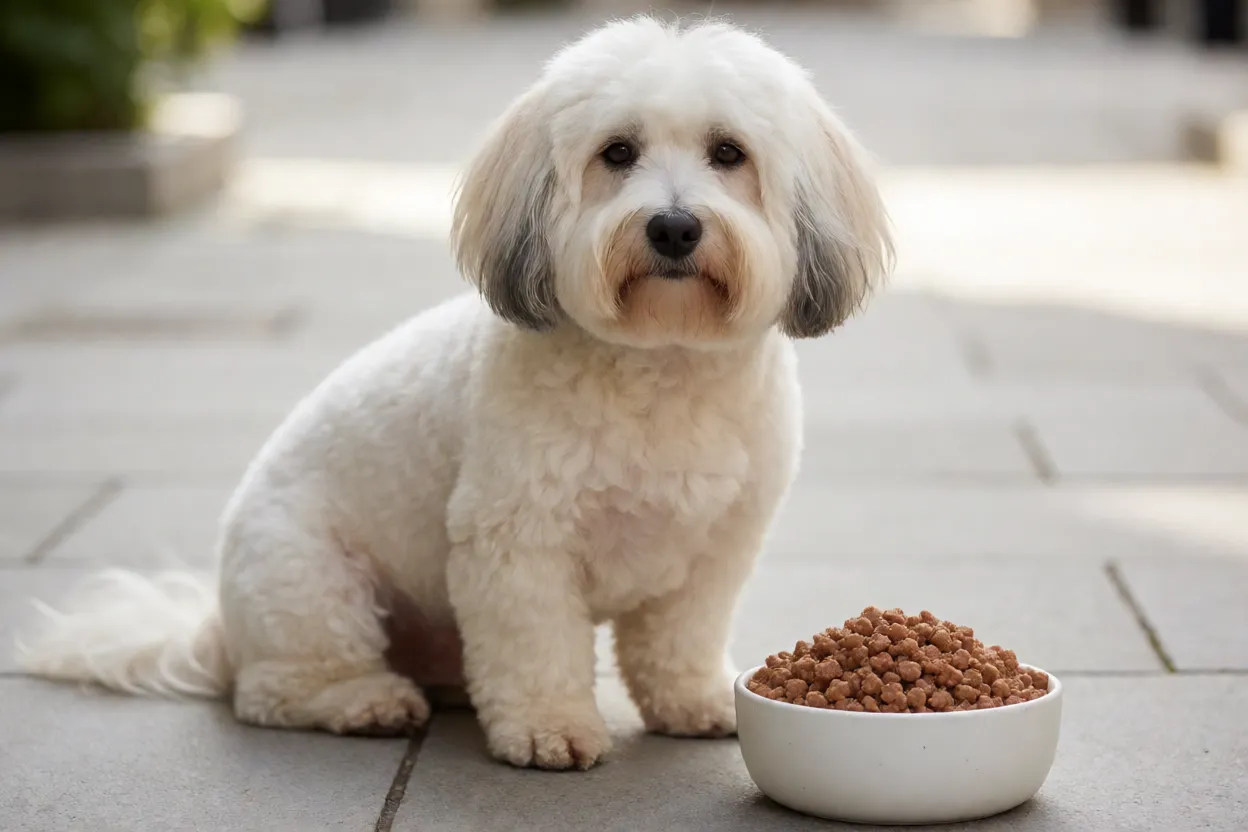Coton de Tulear: pelagem, personalidade e como cuidar da raça Tigela com ração ao lado de um Coton de Tulear