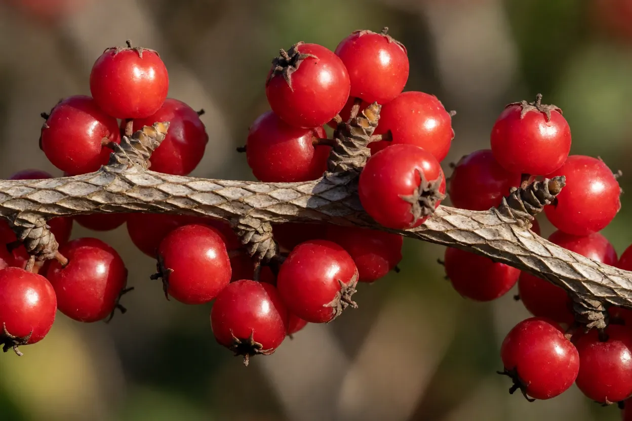 Detalhe dos frutos vermelhos brilhantes do cotoneáster-das-pedras nos ramos