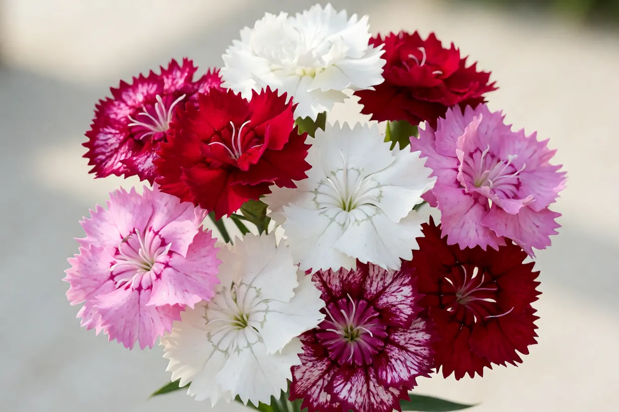 Variações de cores da cravina: branco, rosa, vermelho, vinho e bicolor