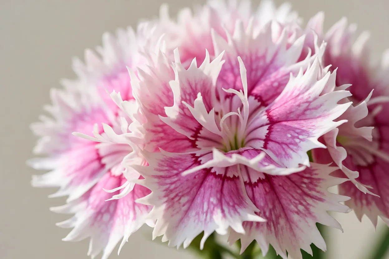 Cravina Dianthus chinensis com flores rosa e p&eacute;talas recortadas em close