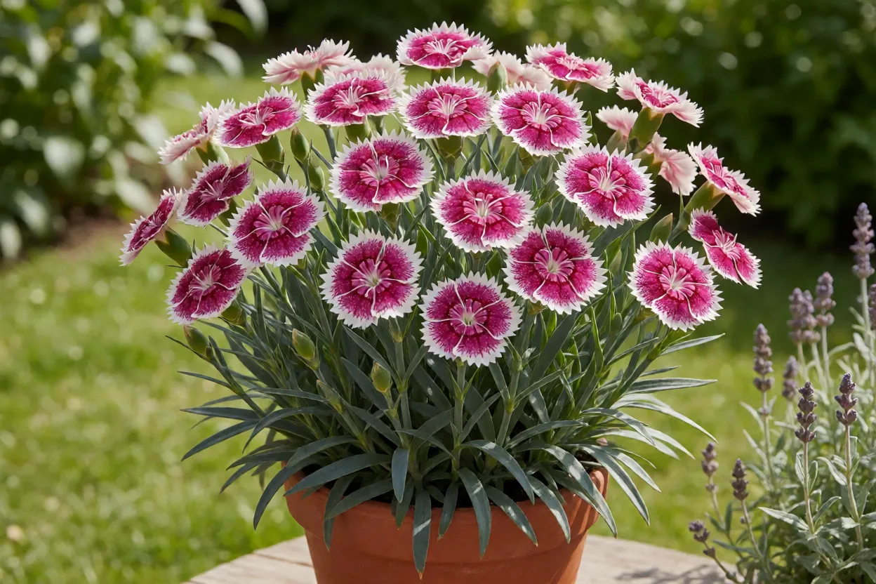 Cravo Dianthus caryophyllus adulto em vaso de barro com flores vermelhas e rosas