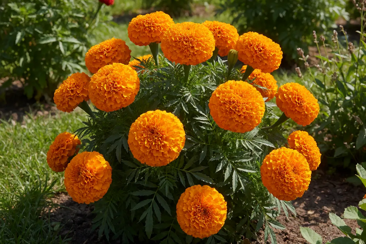 Cravo-de-defunto Tagetes erecta com flores grandes laranja em canteiro ensolarado