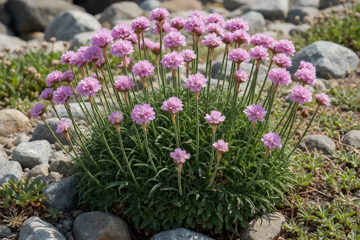 Cravo-do-mar adulto com touceira em almofada e flores em pompom rosa em jardim de pedras