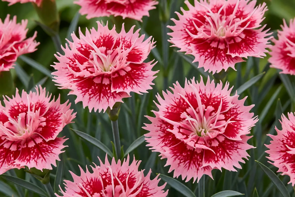 Cravo: tipos, cores, perfume, floração e como cuidar da planta Cravo Dianthus caryophyllus com flores dobradas rosa e vermelha em close