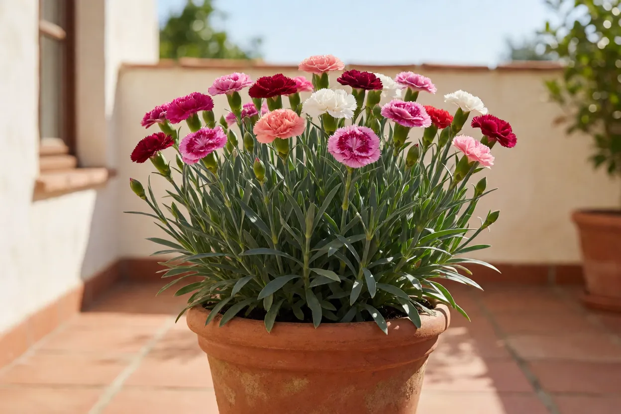 Cravo: tipos, cores, perfume, floração e como cuidar da planta Cravo cultivado em vaso no terraço