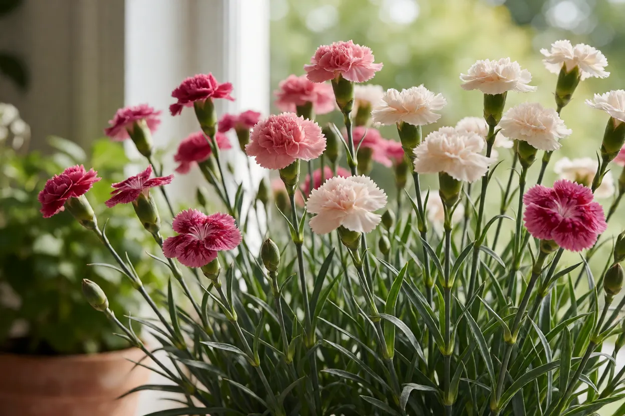 Cravo: tipos, cores, perfume, floração e como cuidar da planta Cravo em jardim com aviso de cuidado com animais