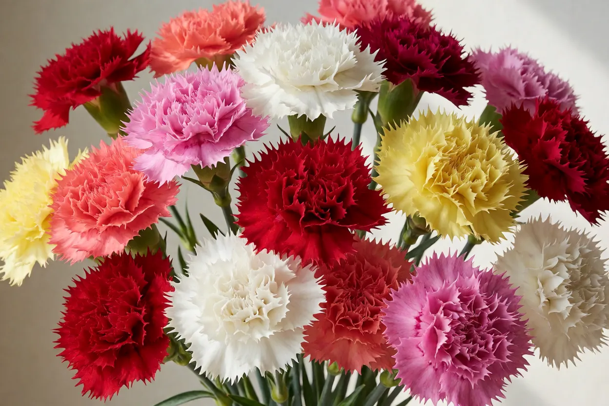 Cravo: tipos, cores, perfume, floração e como cuidar da planta Variedade de cores de flores de cravo em buquê