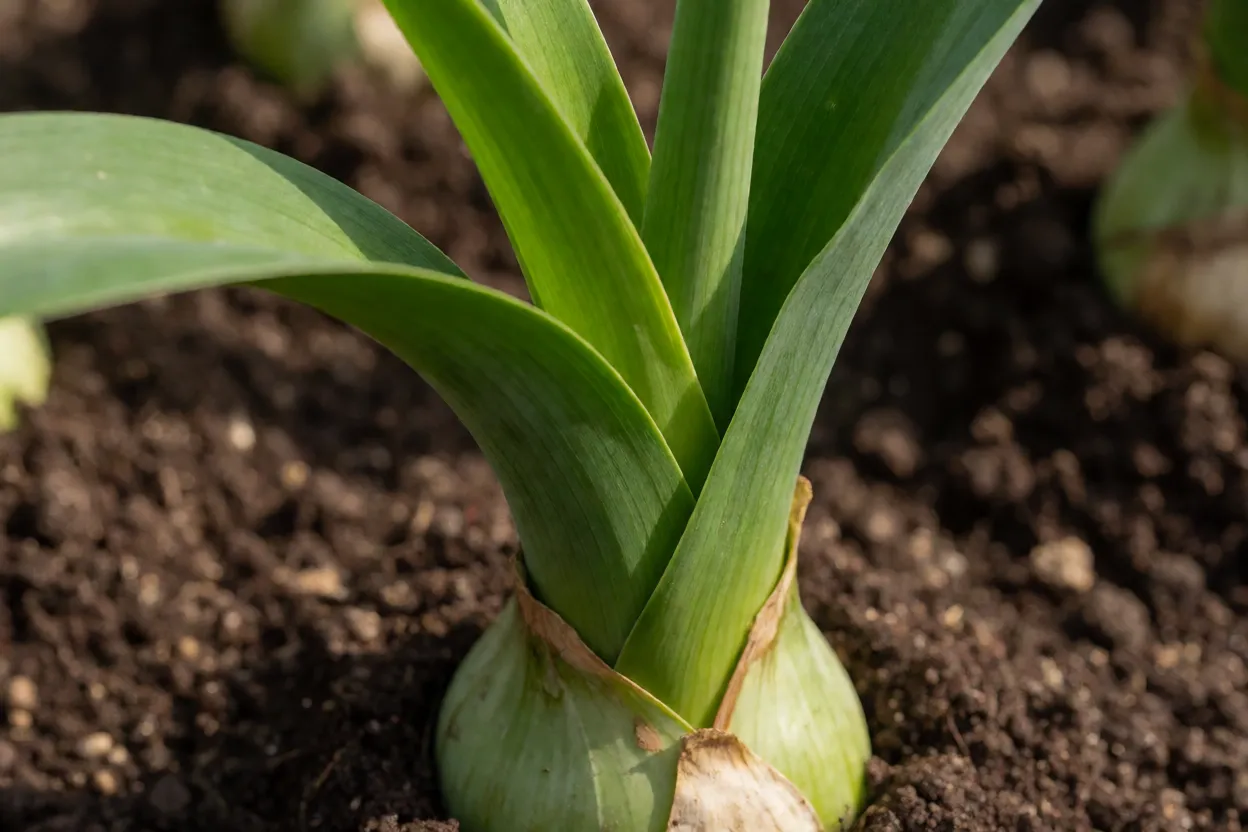 Folhas longas em fita e base bulbosa do crino-americano