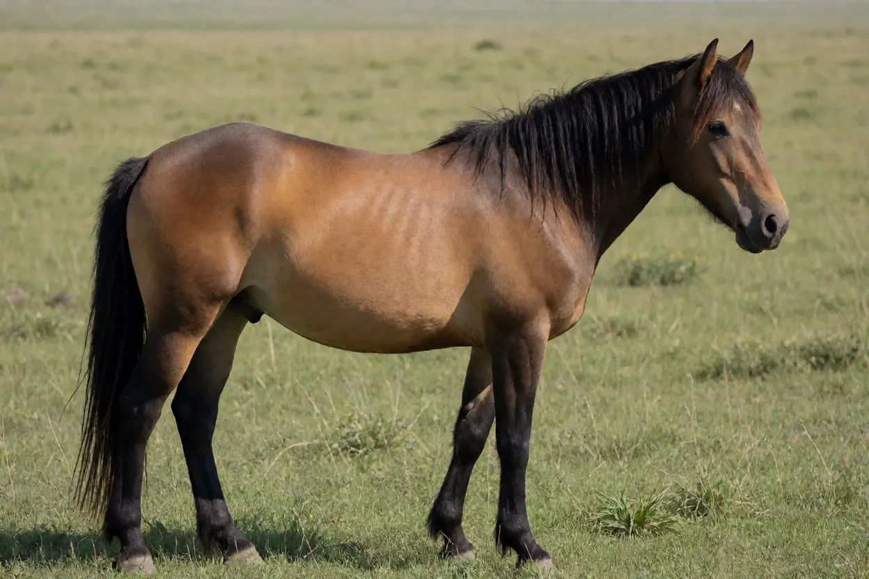 Cavalo Crioulo adulto de corpo inteiro em pasto do Pampa, pelagem gateada