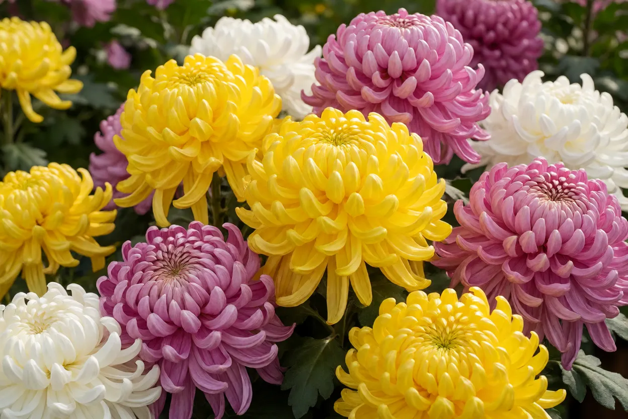 Crisântemo em flor no jardim com várias cores