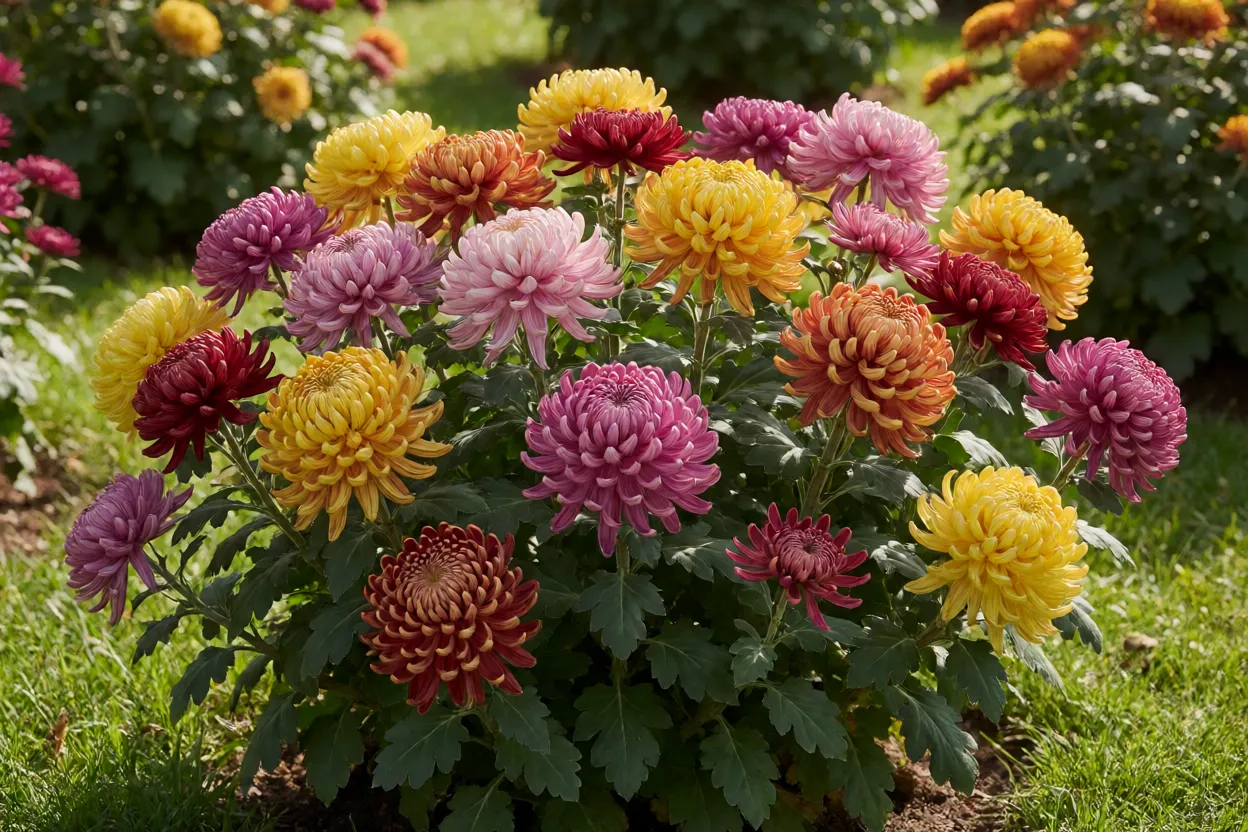 Crisântemos coloridos em jardim brasileiro no outono