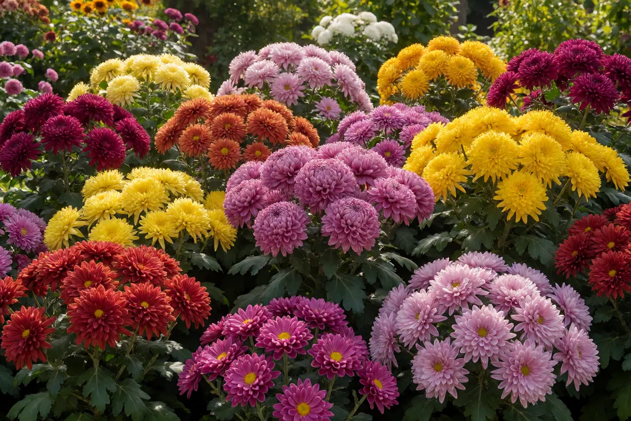 Jardim florido com crisântemos no auge da floração