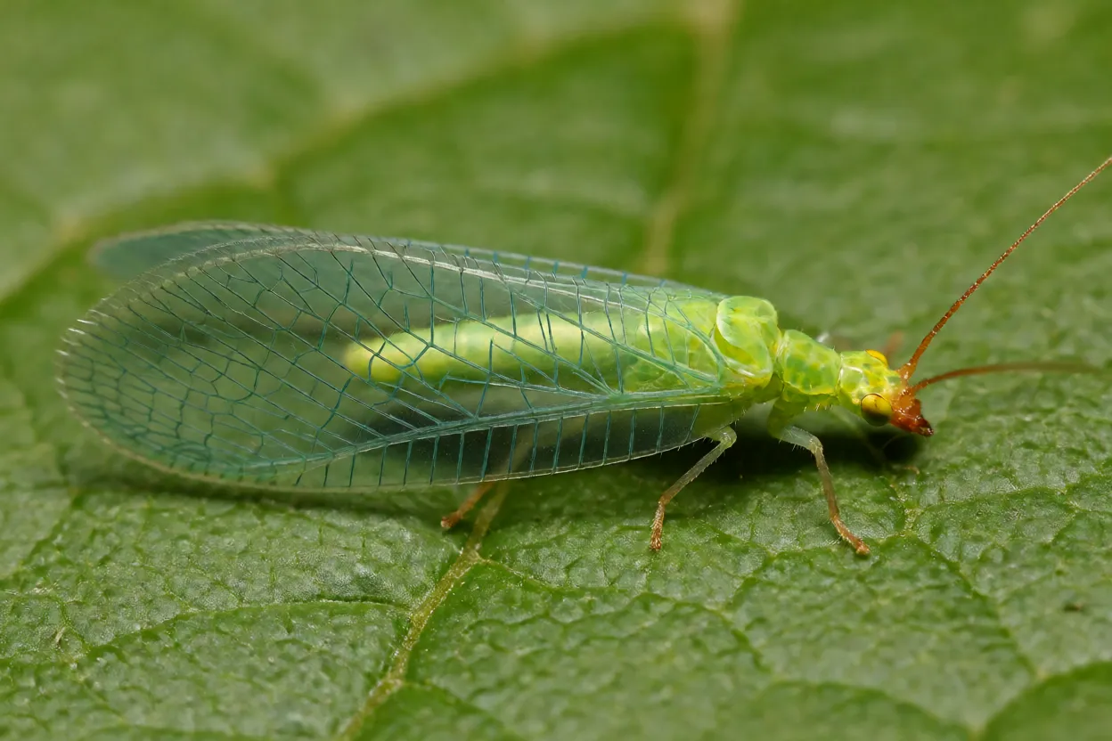 Crisopa adulta verde com asas rendadas pousada em folha