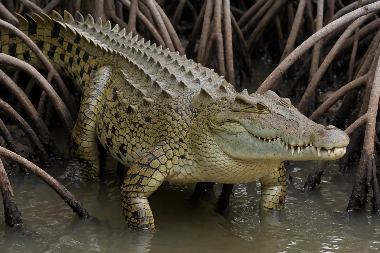 Crocodilo-de-água-salgada adulto de corpo inteiro em estuário de mangue