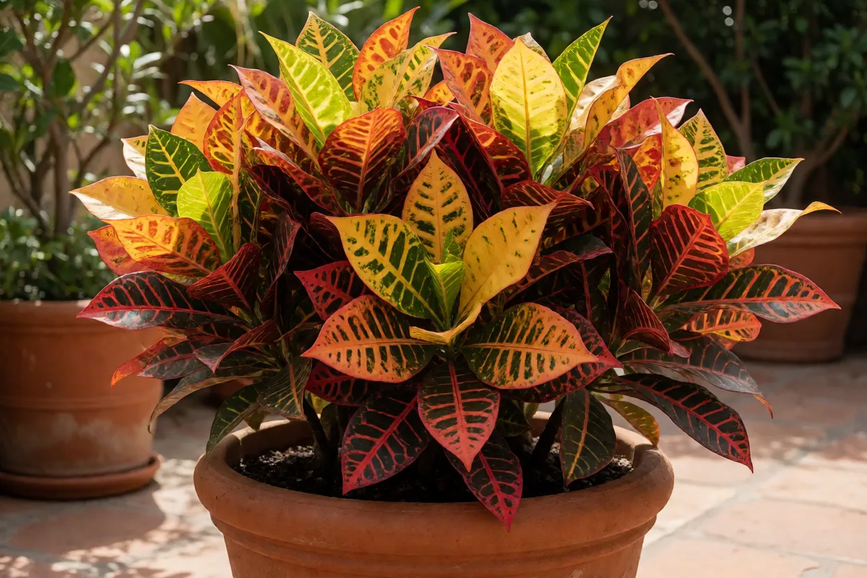Cróton Cróton Codiaeum variegatum adulto em vaso grande sob sol pleno com folhas multicoloridas
