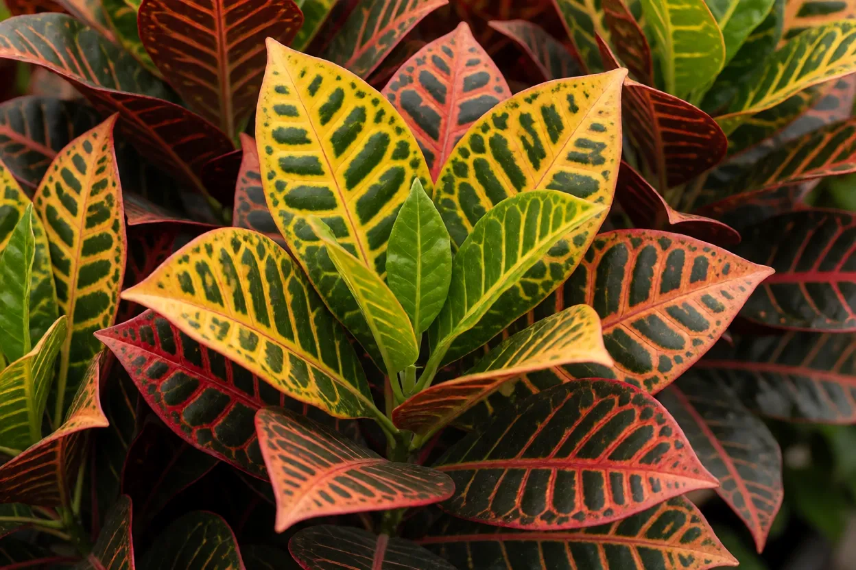 Folhas coloridas de croton Codiaeum variegatum em close mostrando veias amarelas e vermelhas