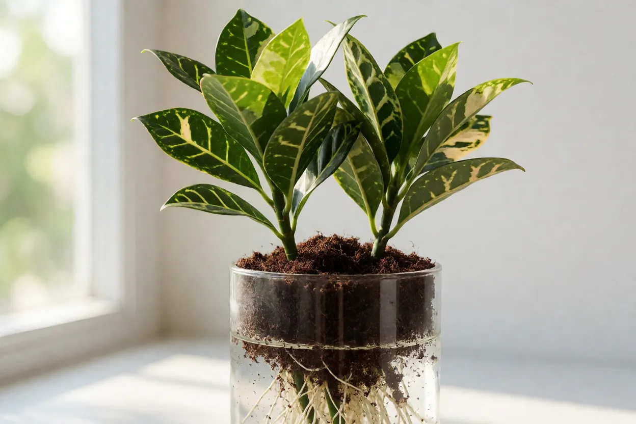 Estacas de croton enraizando em &aacute;gua ou substrato