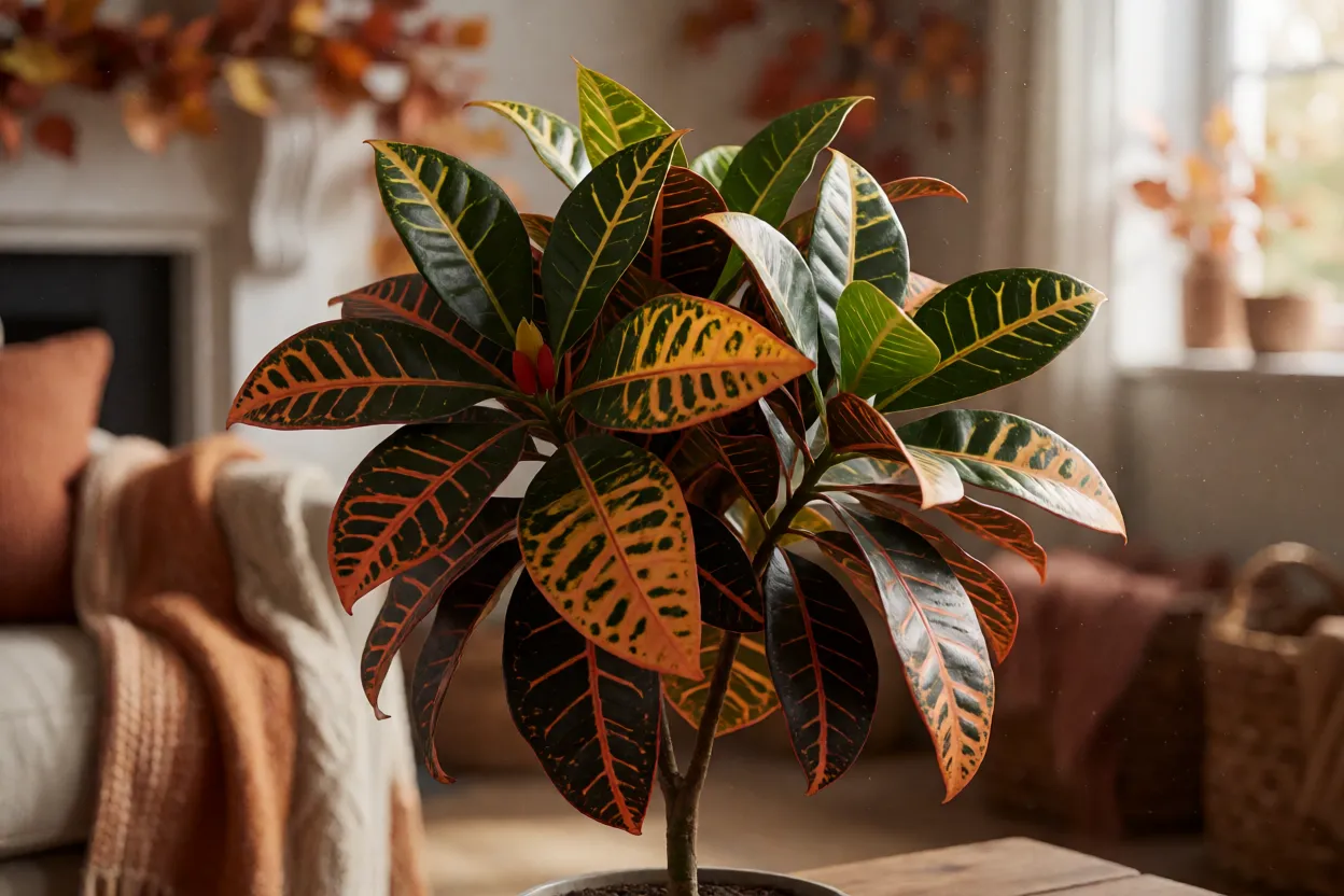 Croton saud&aacute;vel em ambiente interno durante o outono